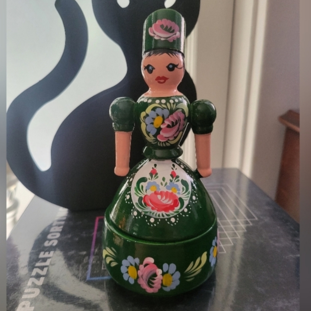 Floral Green Wooden Doll Figurine